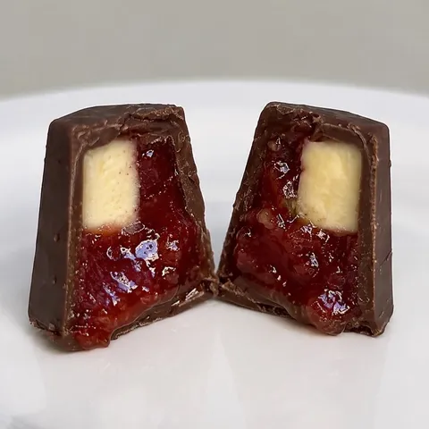 Bombom Romeo Canastra cortado ao meio, mostrando a camada de queijo canastra branco sobre a goiabada vermelha brilhante